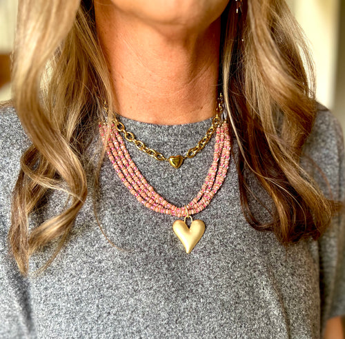 Heart Pendant Beaded Layered Necklace {Pink}