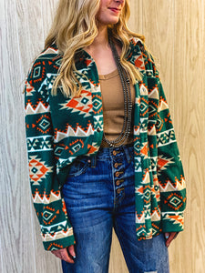 The Reyzin Aztec Fleece Shacket {Hunter Green}