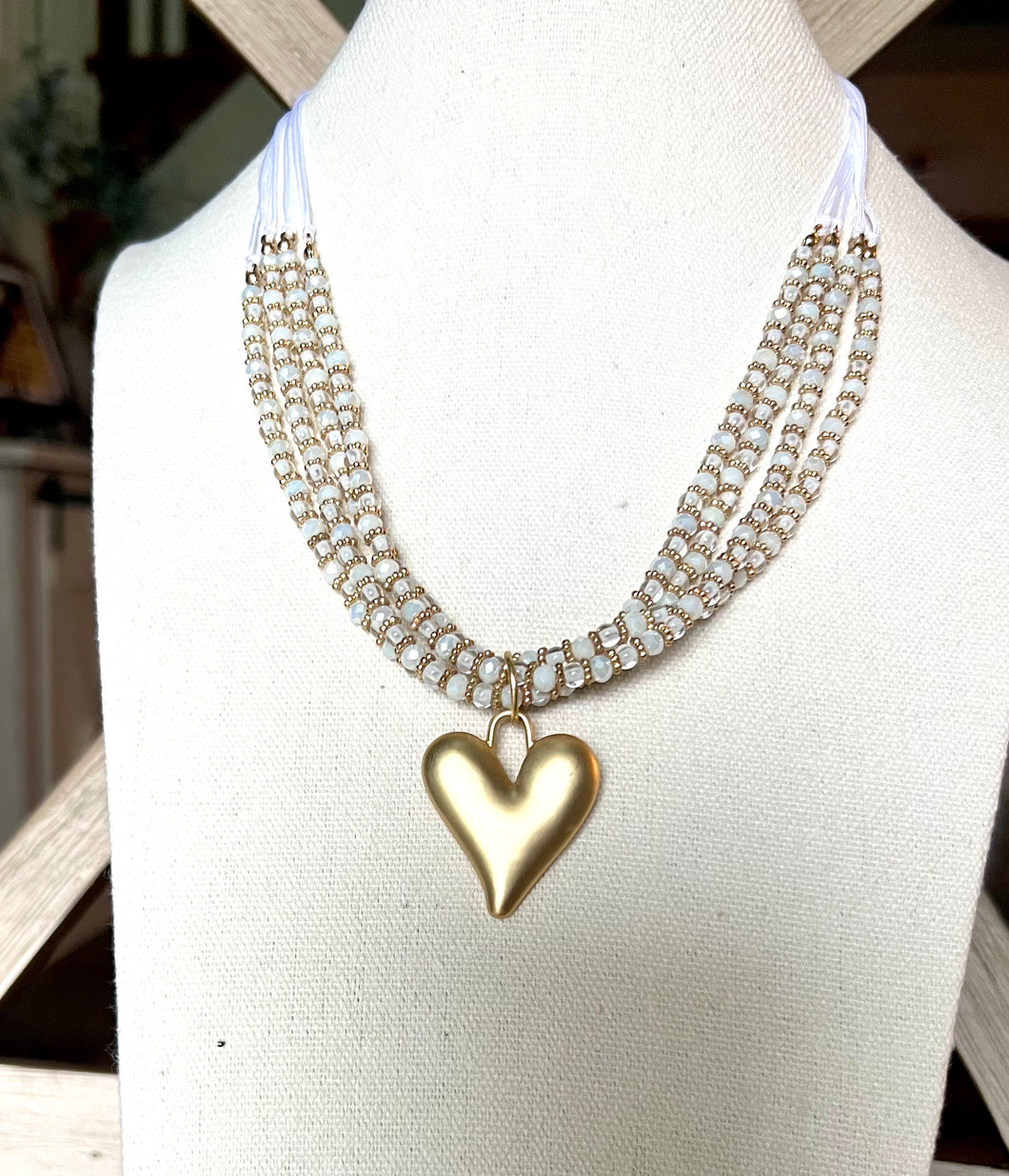 Heart Pendant Beaded Layered Necklace {White}