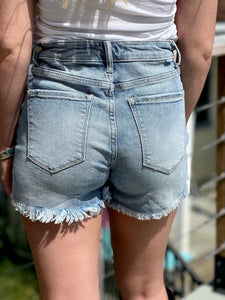 Ada Asymmetrical Distressed Shorts {Light Denim}