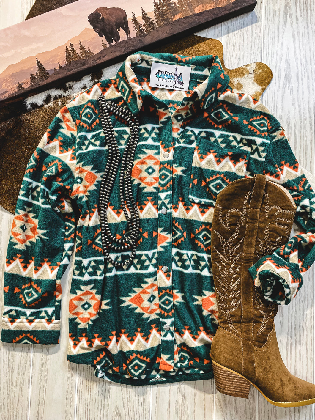 The Reyzin Aztec Fleece Shacket {Hunter Green}