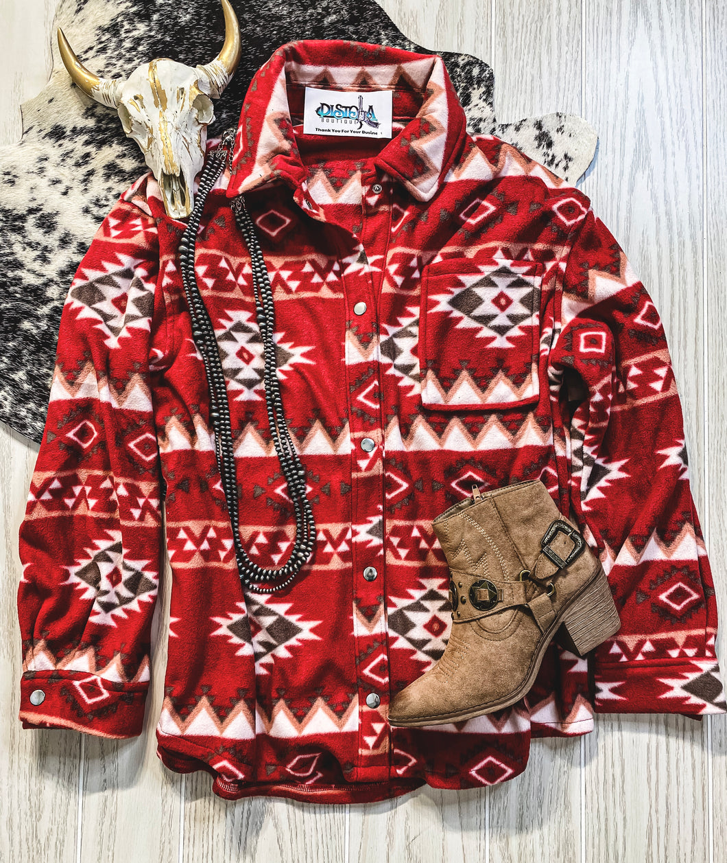 The Reyzin Aztec Fleece Shacket {Red}