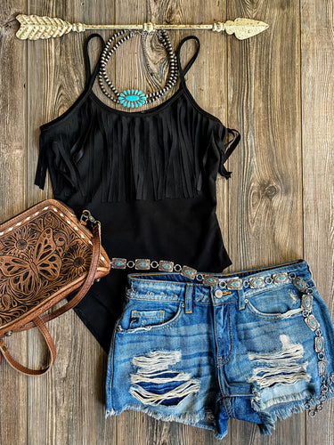 The Shiner Fringe Bodysuit {Black}