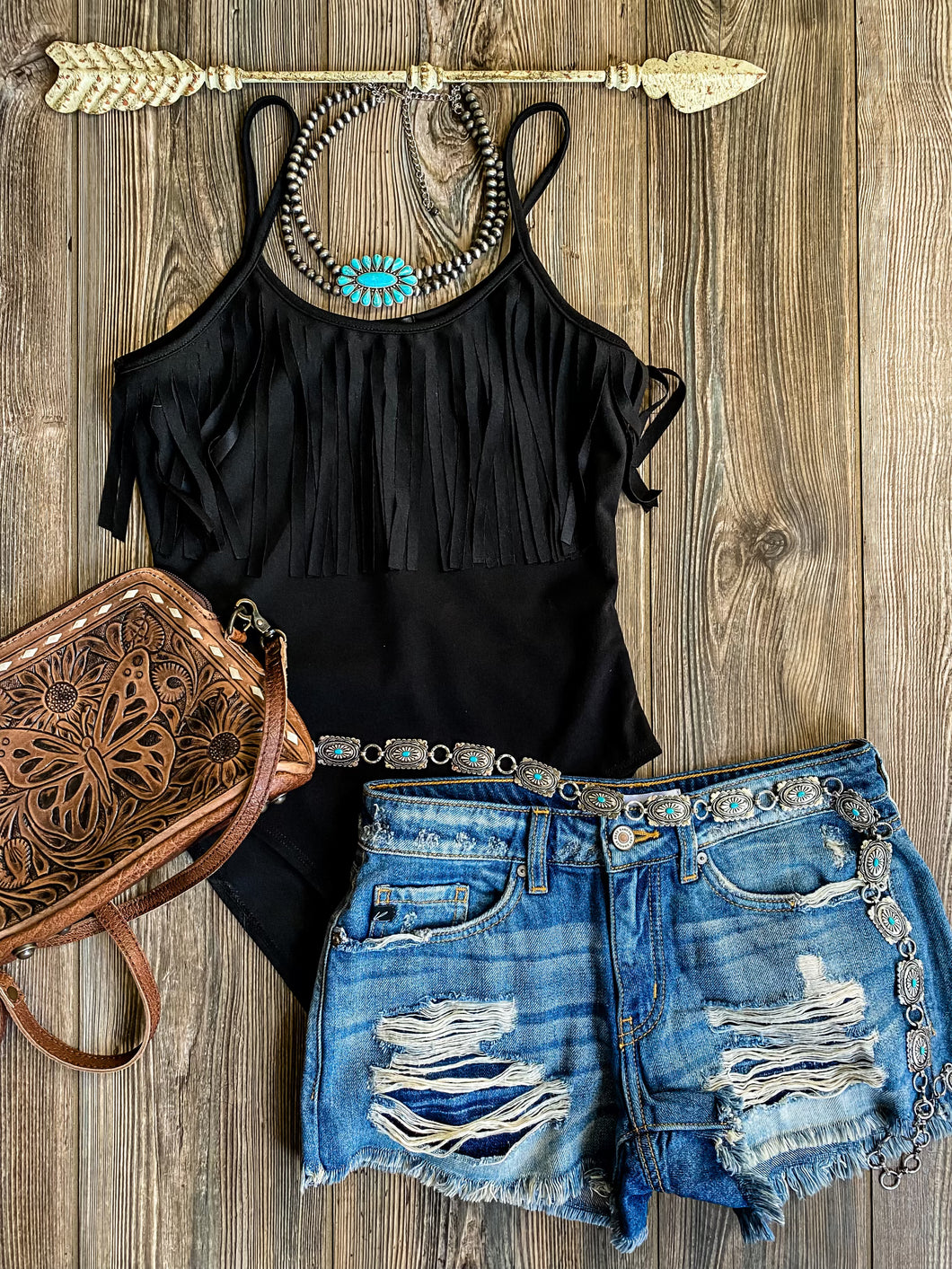 The Shiner Fringe Bodysuit {Black}