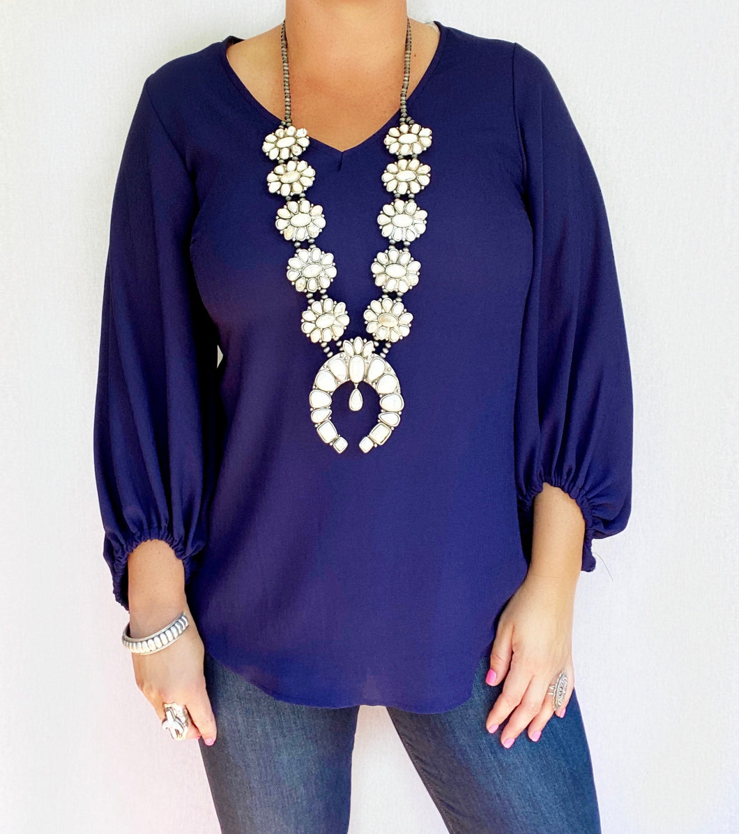 Navy Newel Puff Sleeve Top