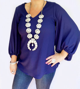 Navy Newel Puff Sleeve Top