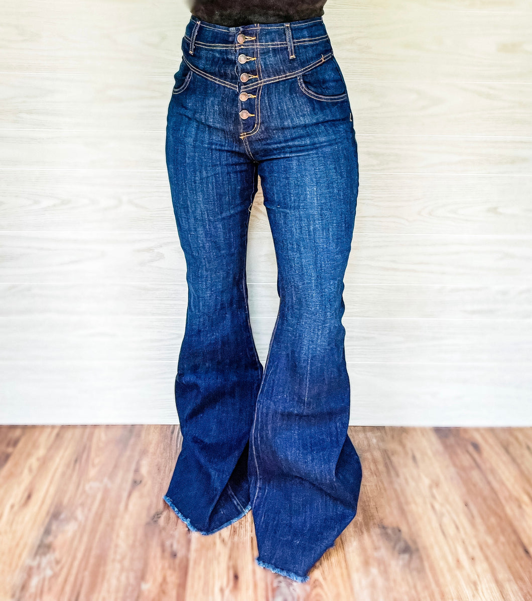 The Sheridan High Waisted Denim Bell Bottoms (Dark Wash)