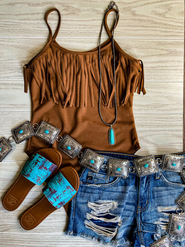 The Shiner Fringe Bodysuit {Brown}